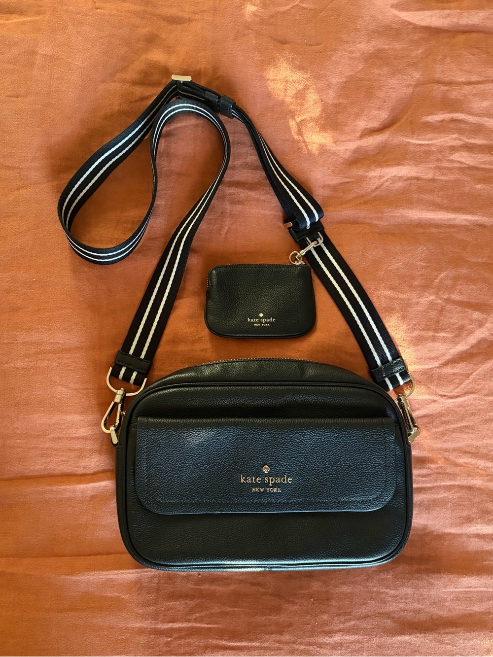 Kate Spade Black Pebbled Leather Crossbody Bag with Striped Strap
